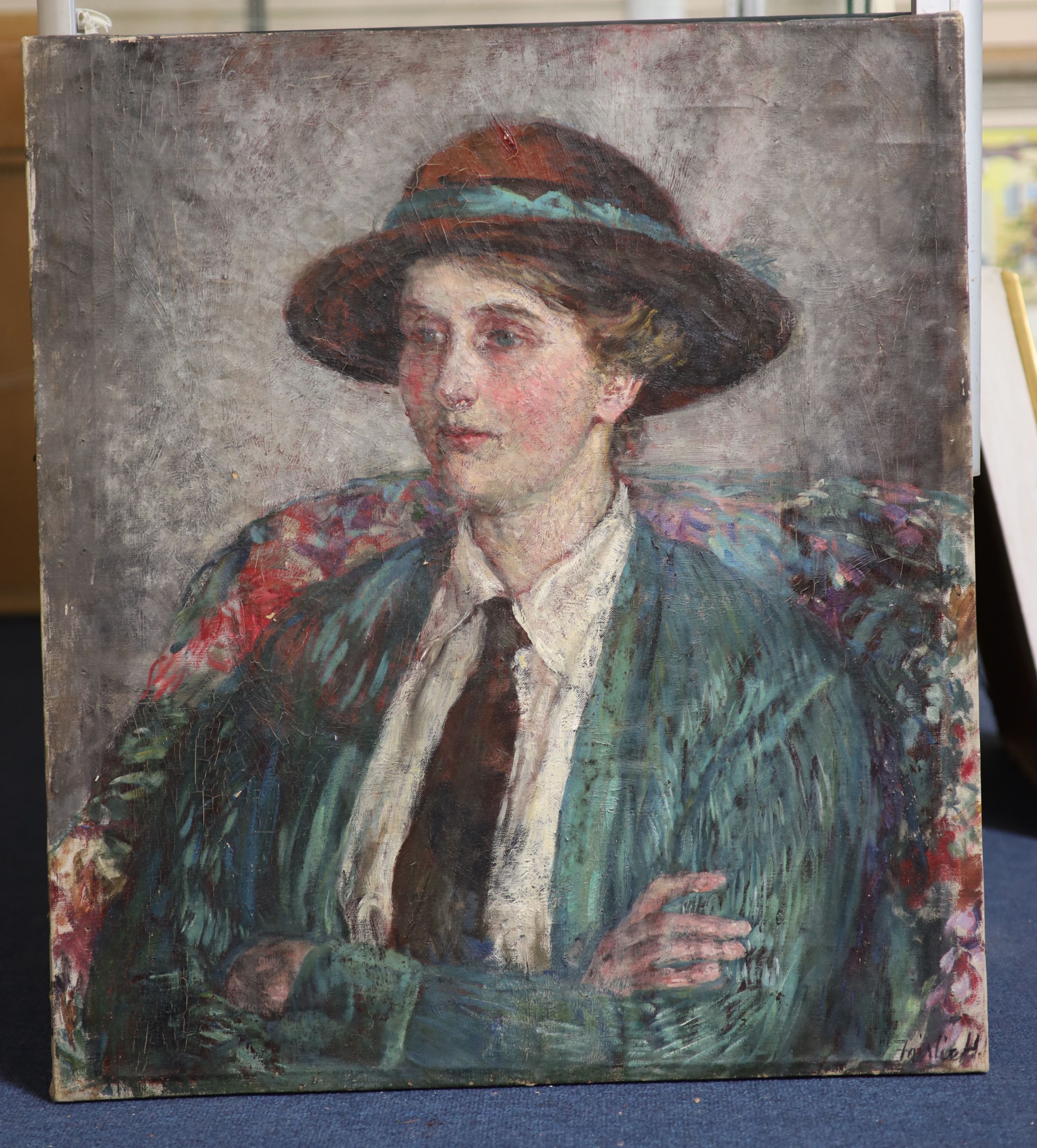 Fairlie Harmar (1876-1945), Half length portrait of the artist's sister, Phyllis Harmar in a hat, oil on canvas, 66 x 58cm, unframed